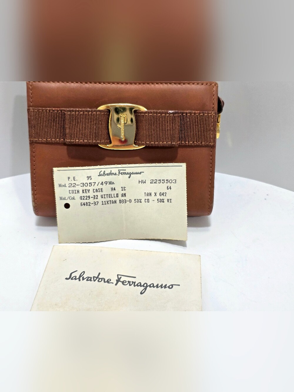 Salvatore Ferragamo Tan Leather Coin Key Case with Vara Bow